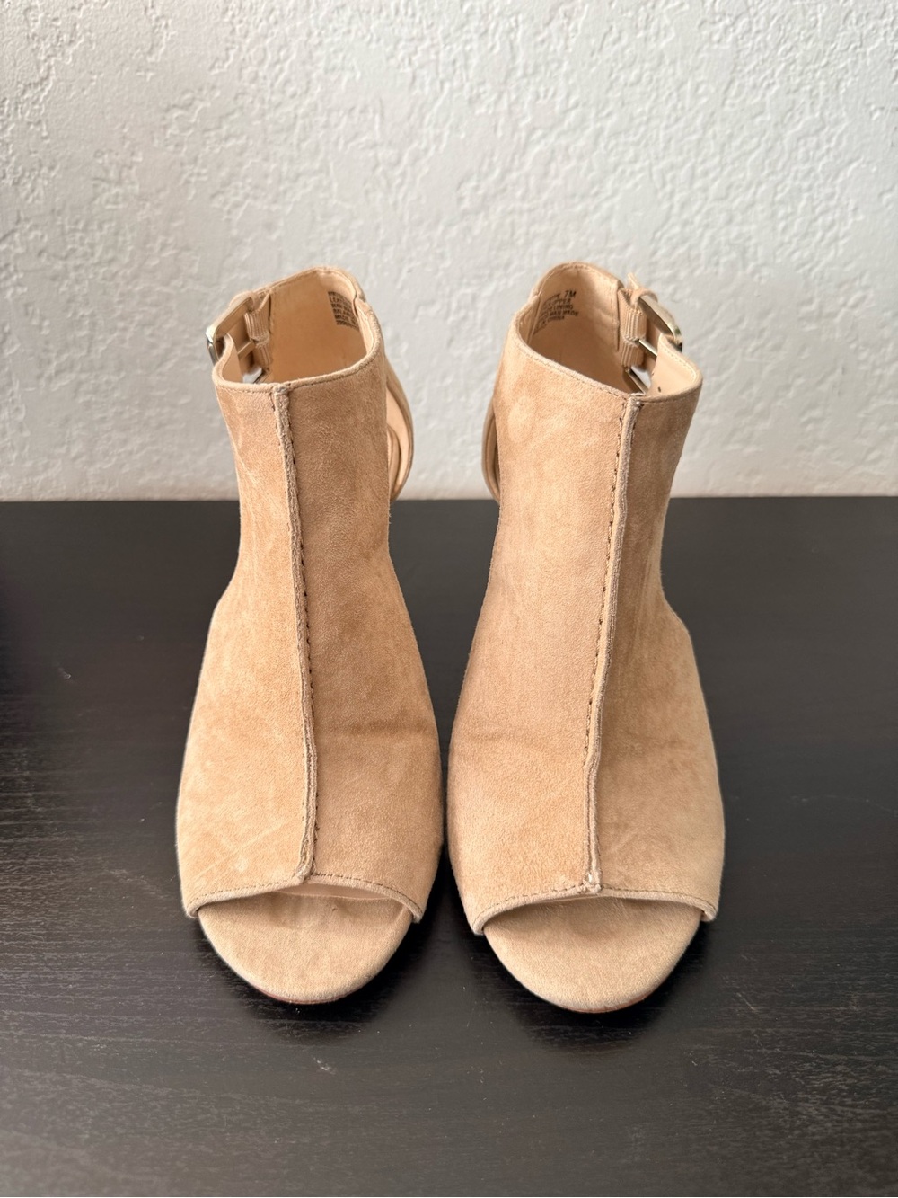 Nine West Beige Suede Open-Toe Ankle Booties with Buckle Strap